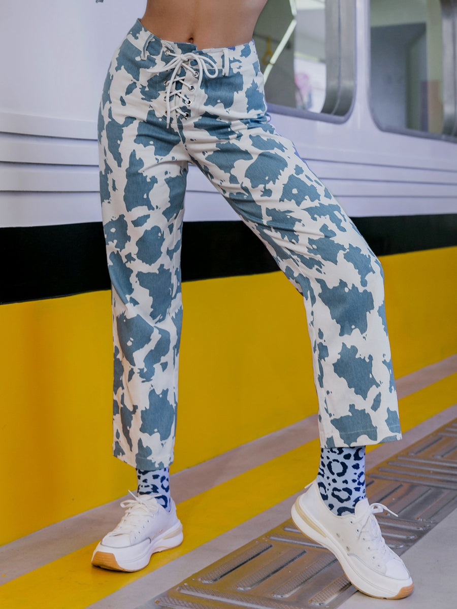 Cow Print Lace-Up Straight Leg Pants – The Cactus Brand