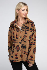 Sunset Camel Sherpa Shacket with Aztec Pattern