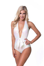 Load image into Gallery viewer, WHITE METALLIC PLUNGE ONE PIECE SWIM