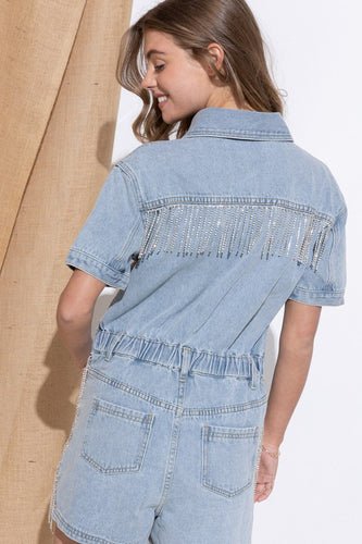 Dolly Washed Denim Overall Romper