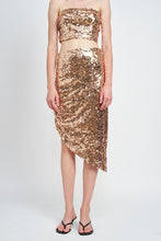 Load image into Gallery viewer, GOLD BUCKLE SEQUIN SHIRRED MIDI SKIRT