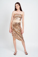 Load image into Gallery viewer, GOLD BUCKLE SEQUIN SHIRRED MIDI SKIRT