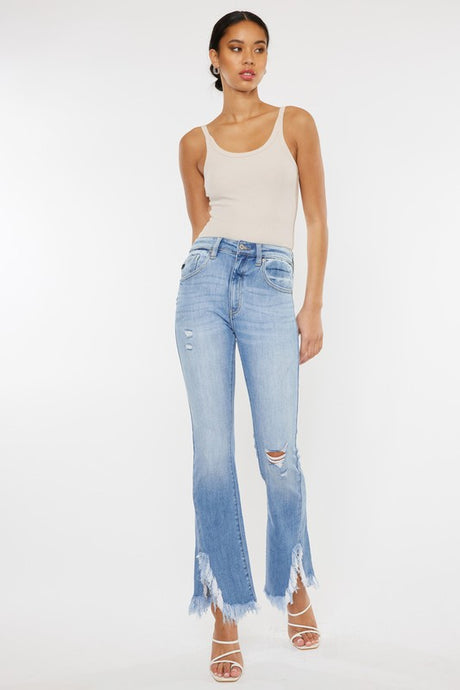 HIGH RISE LEG DISTRESS BOOTCUT JEANS