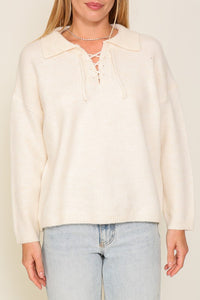 Mel Sweater Top with V-Shape Criss Cross Tie Neck