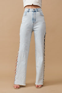 Bejeweled Cut Out At Side w/ Jewel Trim Stretch Denim Jeans