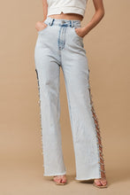 Load image into Gallery viewer, Bejeweled Cut Out At Side w/ Jewel Trim Stretch Denim Jeans