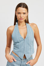Load image into Gallery viewer, THE BLUEZ HALTER DENIM TOP WITH BACK TIE