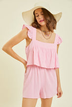 Load image into Gallery viewer, Gauze Square Neck Romper with Mini Ruffles on the Shoulder in Pink