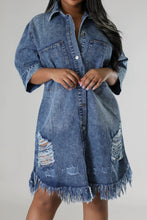 Load image into Gallery viewer, Distressed Raw Hem Button Up Denim Dress