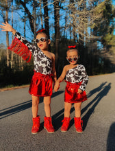 Load image into Gallery viewer, Cow leo with red fringe