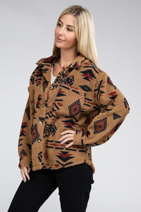 Sunset Camel Sherpa Shacket with Aztec Pattern