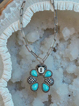 Load image into Gallery viewer, Turquoise &amp; Checkered 8 Ball Flower Pendant Necklace – Western Statement Chain