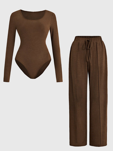 Round Neck Long Sleeve Bodysuit and Tied Pants Set