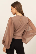 Load image into Gallery viewer, HYFVE Ruched Sheer Long Sleeve Mock Neck Blouse