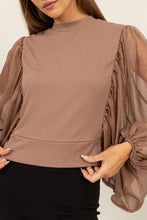 Load image into Gallery viewer, HYFVE Ruched Sheer Long Sleeve Mock Neck Blouse