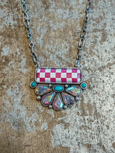Load image into Gallery viewer, Pink Checkered Crystal Fan Pendant Necklace – Turquoise Accent Western Glam Necklace