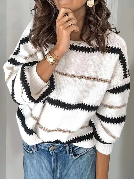 Contrast Striped Round Neck Long Sleeve Sweater