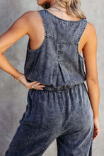 Load image into Gallery viewer, Pocketed Half Button Sleeveless Denim Jumpsuit