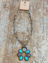 Load image into Gallery viewer, Turquoise &amp; Checkered 8 Ball Flower Pendant Necklace – Western Statement Chain