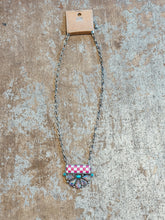 Load image into Gallery viewer, Pink Checkered Crystal Fan Pendant Necklace – Turquoise Accent Western Glam Necklace
