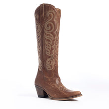 Load image into Gallery viewer, Myra Nalejandra Mocha Brown Leather Boots for Women - Embroidered Tall Western Heels with Pointed Toe for Festive Country Style