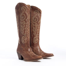 Load image into Gallery viewer, Myra Nalejandra Mocha Brown Leather Boots for Women - Embroidered Tall Western Heels with Pointed Toe for Festive Country Style
