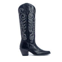 Load image into Gallery viewer, Myra Nalejandra Ebony Black Leather Boots for Women - Embroidered Tall Western Heels with Pointed Toe for Festive Country Style