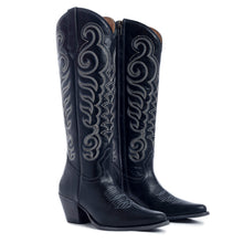 Load image into Gallery viewer, Myra Nalejandra Ebony Black Leather Boots for Women - Embroidered Tall Western Heels with Pointed Toe for Festive Country Style