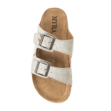 Load image into Gallery viewer, Myra Restful Hairon Leather Slides for Women – Adjustable Straps, Cork Footbed &amp; Stylish Dual Buckle