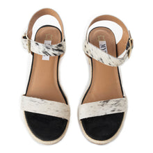 Load image into Gallery viewer, Myra Satin Hairon Leather Heels for Women – White Hairon Block Heels with Buckle Strap &amp; Jute Accents