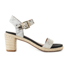 Load image into Gallery viewer, Myra Satin Hairon Leather Heels for Women – White Hairon Block Heels with Buckle Strap &amp; Jute Accents