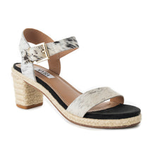 Load image into Gallery viewer, Myra Satin Hairon Leather Heels for Women – White Hairon Block Heels with Buckle Strap &amp; Jute Accents
