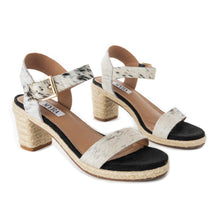 Load image into Gallery viewer, Myra Satin Hairon Leather Heels for Women – White Hairon Block Heels with Buckle Strap &amp; Jute Accents