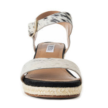 Load image into Gallery viewer, Myra Satin Hairon Leather Heels for Women – White Hairon Block Heels with Buckle Strap &amp; Jute Accents