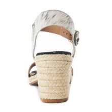 Load image into Gallery viewer, Myra Satin Hairon Leather Heels for Women – White Hairon Block Heels with Buckle Strap &amp; Jute Accents