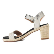 Load image into Gallery viewer, Myra Satin Hairon Leather Heels for Women – White Hairon Block Heels with Buckle Strap &amp; Jute Accents
