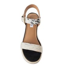 Load image into Gallery viewer, Myra Satin Hairon Leather Heels for Women – White Hairon Block Heels with Buckle Strap &amp; Jute Accents