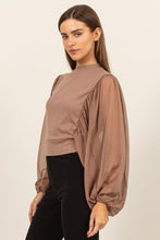 Load image into Gallery viewer, HYFVE Ruched Sheer Long Sleeve Mock Neck Blouse