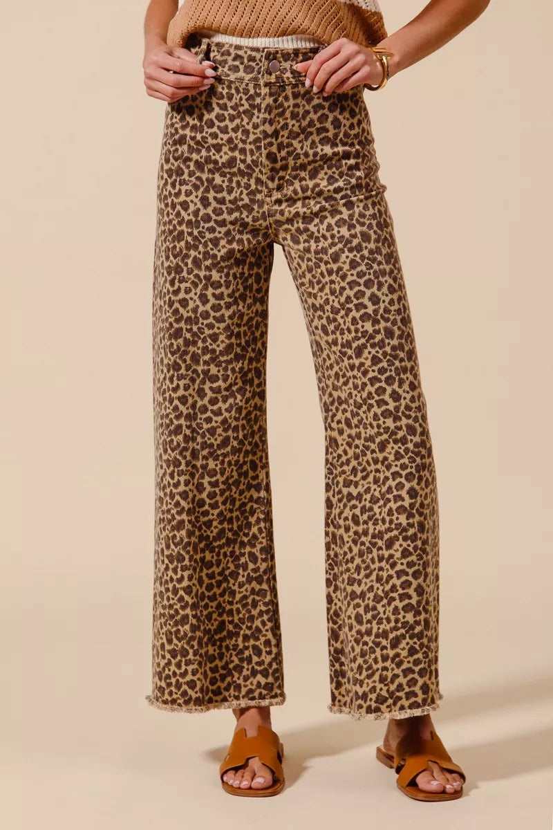 SO ME Mid Rise Leopard Twill Frayed Hem Wide Leg Pants – The