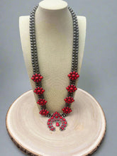 Load image into Gallery viewer, Faux Coral Long Squash Blossom Statement Necklace - 32 inch necklace