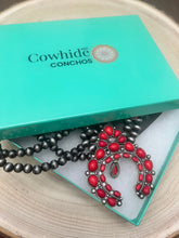 Load image into Gallery viewer, Faux Coral Long Squash Blossom Statement Necklace - 32 inch necklace