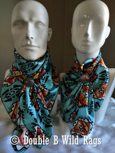 Load image into Gallery viewer, Wild Rag 100% Silk Light Blue with Orange Serape Cowboy Western Neck Scarf Bandanna by Double B Wild Rags