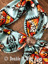 Load image into Gallery viewer, Wild Rag 100% Silk Light Blue with Orange Serape Cowboy Western Neck Scarf Bandanna by Double B Wild Rags