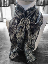 Load image into Gallery viewer, Wild Rag 100% SILK Dark Grey Pin Up Cowgirls and Hollyhock flowers Cowboy Western Neck Scarf Bandanna by Double B Wild Rags