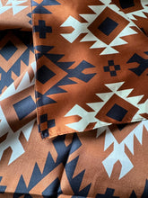 Load image into Gallery viewer, 100% Silk Wild Rag Cognac Rust Brown Black Ivory Tribal Native pattern by Double B Wild Rags