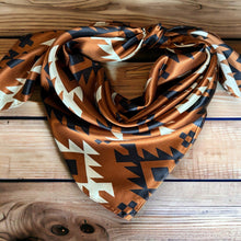 Load image into Gallery viewer, 100% Silk Wild Rag Cognac Rust Brown Black Ivory Tribal Native pattern by Double B Wild Rags