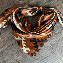Load image into Gallery viewer, 100% Silk Wild Rag Cognac Rust Brown Black Ivory Tribal Native pattern by Double B Wild Rags