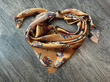 Load image into Gallery viewer, 100% Silk Wild Rag “cow ponies” horse head pattern by Double B Wild Rags dark gold, rust, ivory, black
