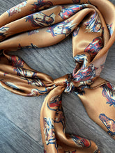 Load image into Gallery viewer, 100% Silk Wild Rag “cow ponies” horse head pattern by Double B Wild Rags dark gold, rust, ivory, black