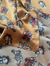Load image into Gallery viewer, 100% Silk Wild Rag “cow ponies” horse head pattern by Double B Wild Rags dark gold, rust, ivory, black
